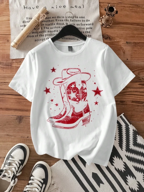 Vintage Western Bot Baskılı Gevşek Yuvarlak Yaka Kısa Kollu Kadın Tişörtü, Yaz İçin