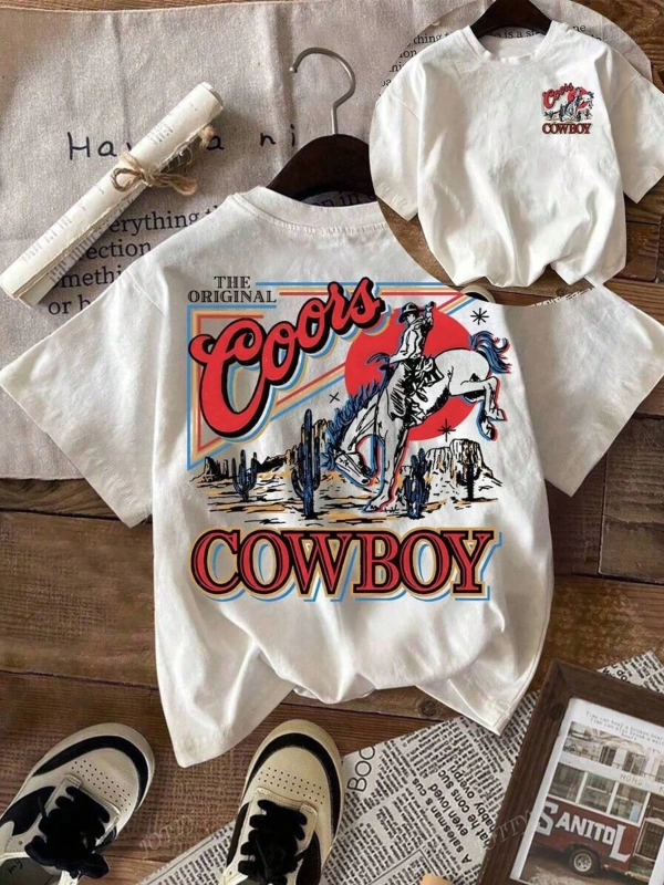 Western Cowboy Baskılı Rahat Yuvarlak Yaka Erkek Tişörtü