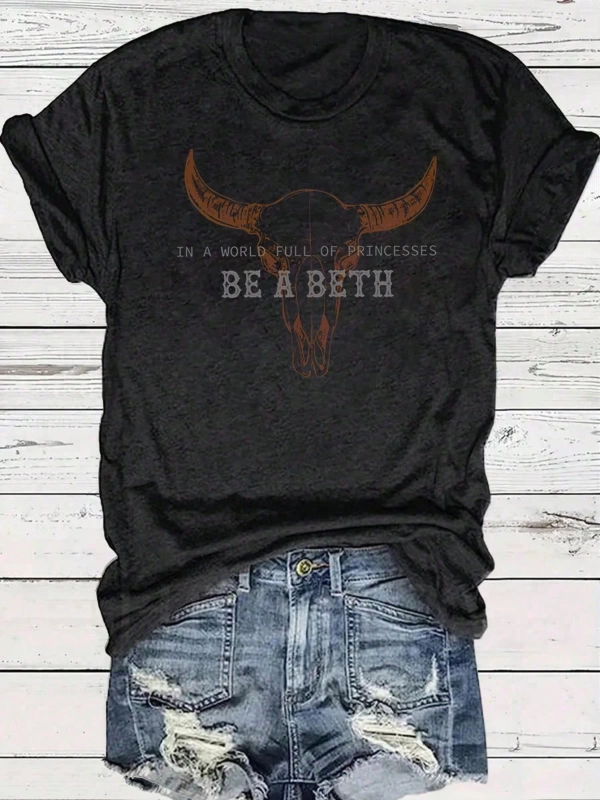 Western Cowboy Vintage Bull Graphic Kadın Rahat Yuvarlak Yaka Kısa Kollu Tişört