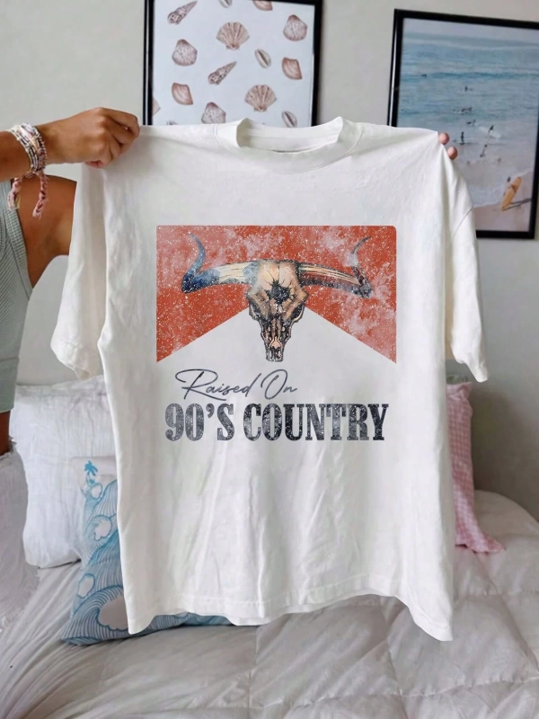 Western Cowgirl Vintage Desen Kadın Rahat Yuvarlak Yaka Kısa Kollu Tişört