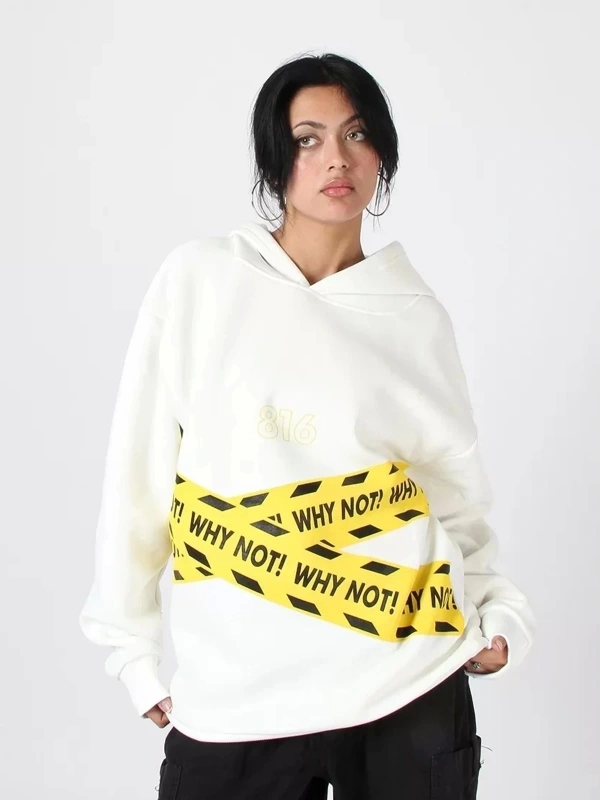 Why Not Baskılı Beyaz Oversize Unisex Kapüşonlu