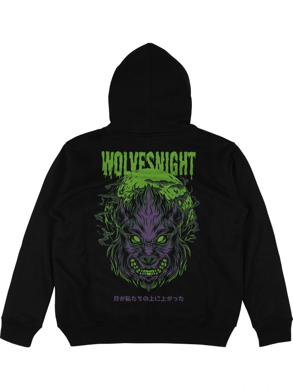 Wolves Night Siyah Oversize Unisex Kapüşonlu Sweatshirt Hoodie