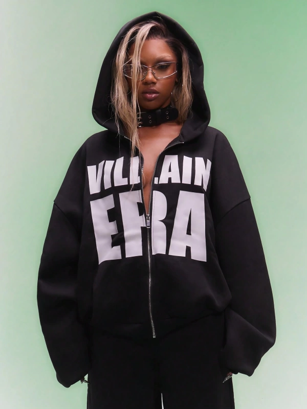 WOMEN Villain Era Tam Fermuarlı Kapşonlu Beyaz Metin Açıklaması Büyük Boy Gotik Altern Model 5207