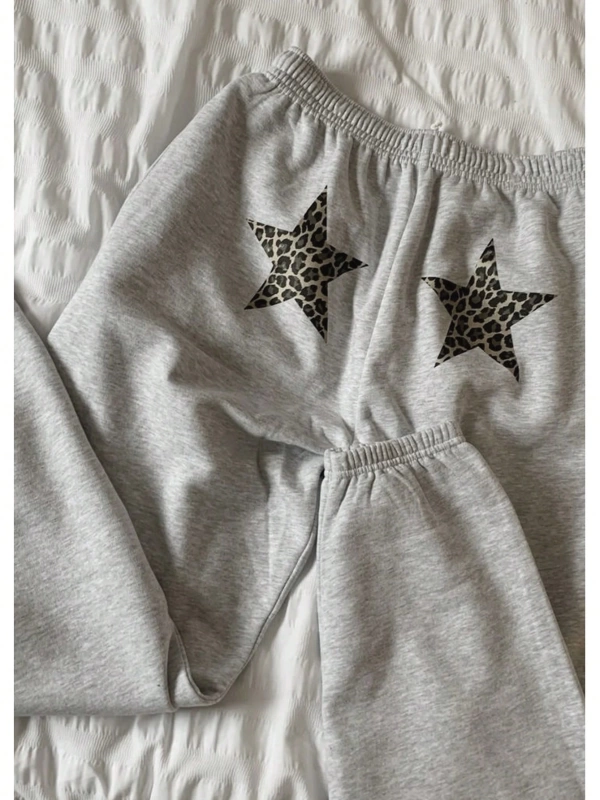 Y2K Açık Gri Leopar ve Yıldız Desenli Spor Pantolon, Rahat ve Sıcak Spor Giyim