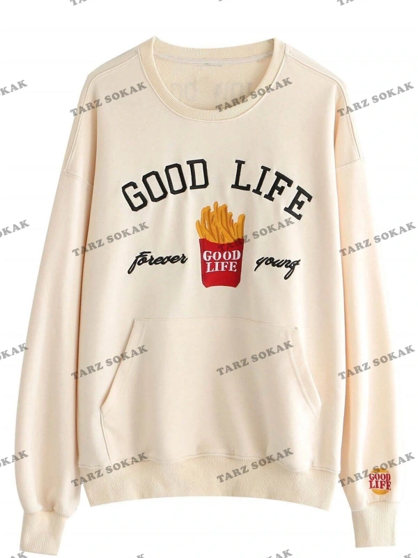 Y2K Unisex Ekru Bts Good Life Sweatshirt KOD 2058