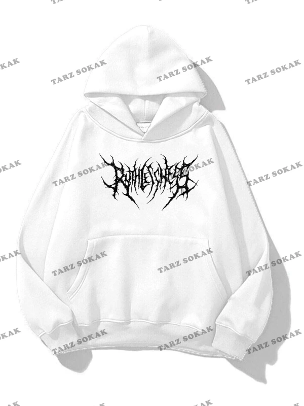 Y2K Unisex Gothic Ruthless Sweatshirt Hoodie KOD 1726 Beyaz