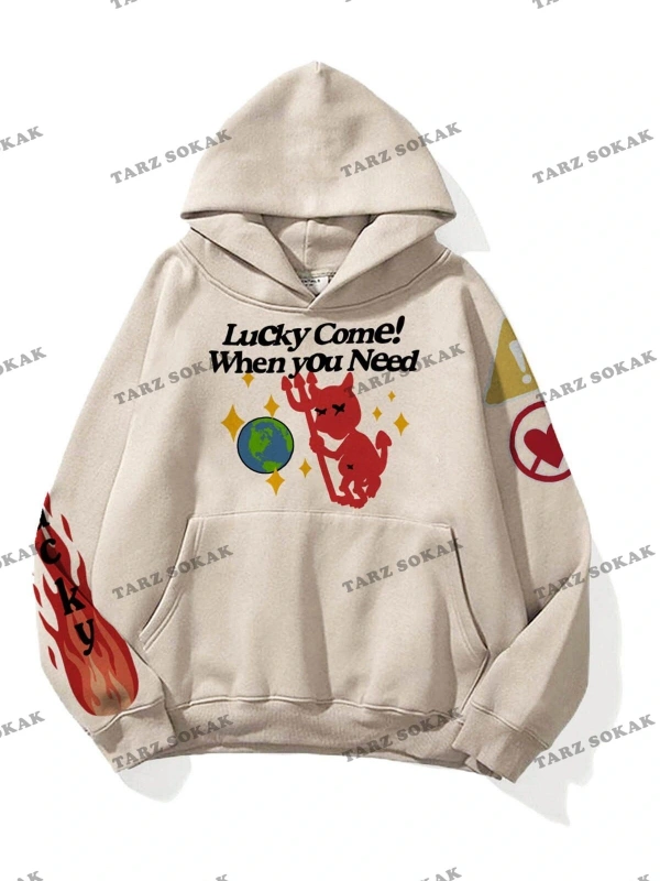 Y2K Unisex Lucky Come Sweatshirt Hoodie KOD 1933 Gri