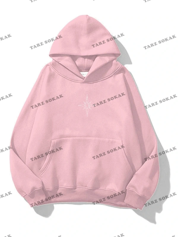 Y2K Unisex Pusula Taş Görünümlü Baskılı Sweatshirt KOD 1593 Pembe