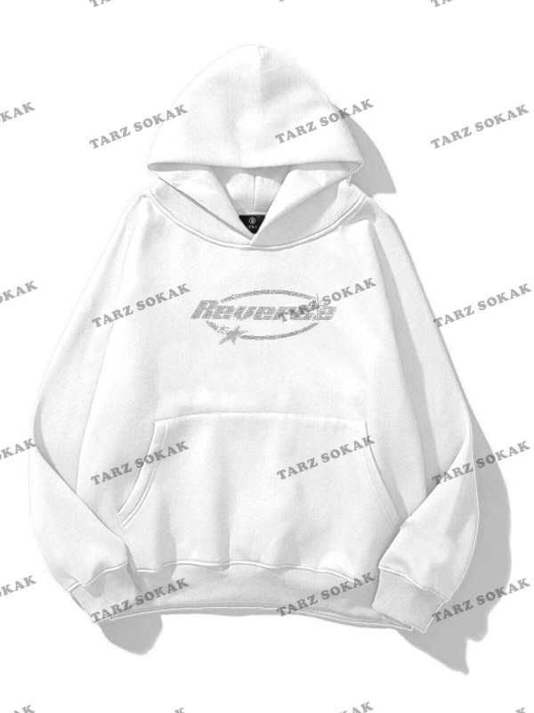 Y2K Unisex Reverse Taş Görünümlü Baskılı Sweatshirt KOD 1591 Beyaz