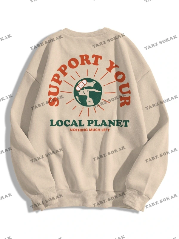 Y2K Unisex Support Your Planet Bisiklet Yaka Sweatshirt Hoodie KOD 1769