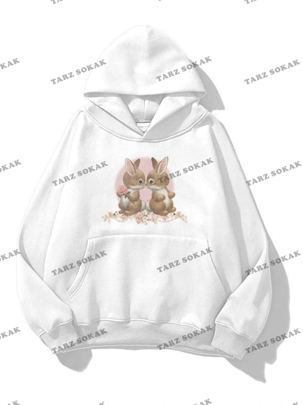 Y2K Unisex Two Rabbit with Flower Sweatshirt KOD 1542 Beyaz