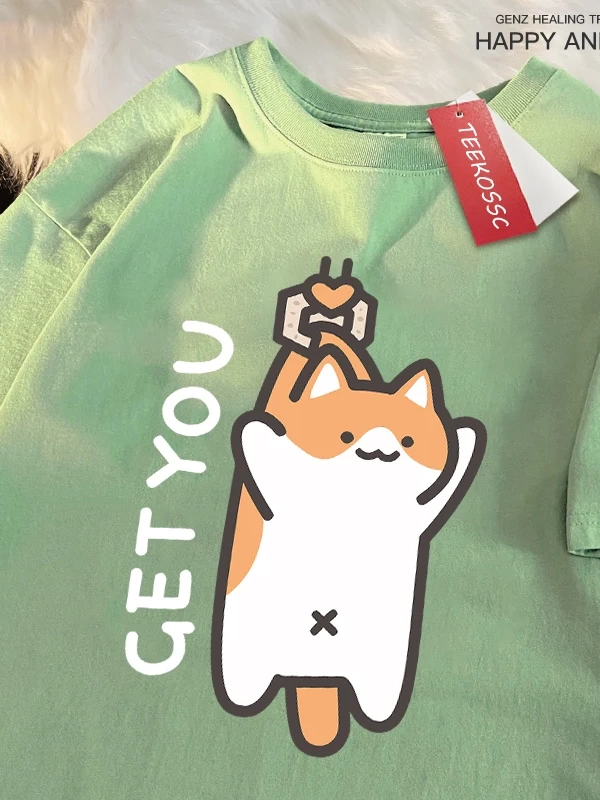 Y2k Vintage Tişört Tee Alıcı bebek eğlenceli kedi baskı japon