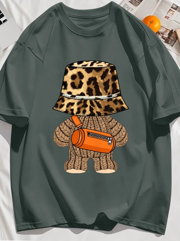 Y2k Vintage Tişört Tee Ayı Leopar Baskı Şapka Baskı
