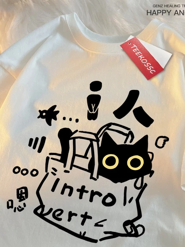 Y2k Vintage Tişört Tee Bir içe dönük kedi eğlenceli baskı japon tarzı