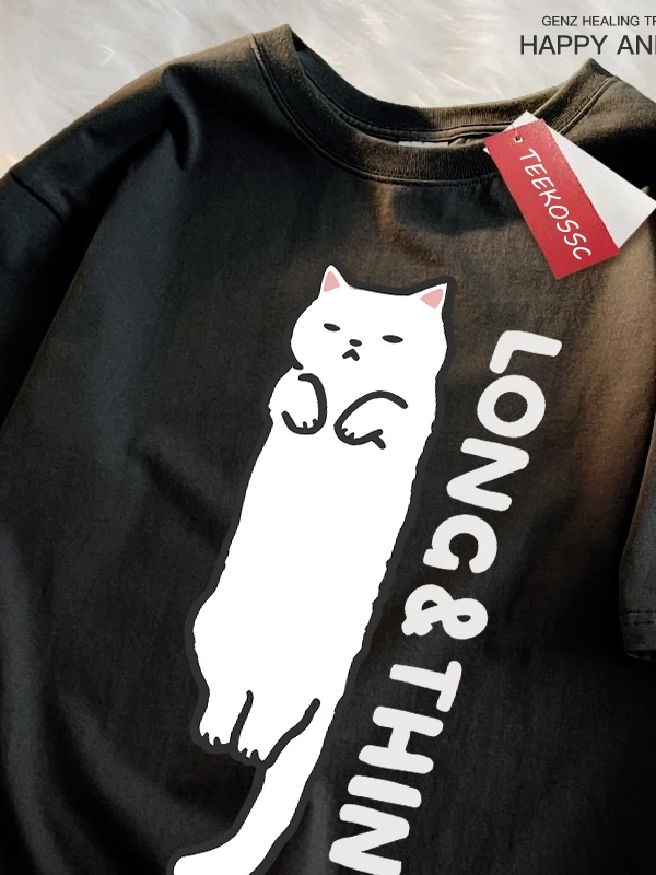 Y2k Vintage Tişört Tee Eğlenceli ince beyaz kedi japon tarzı