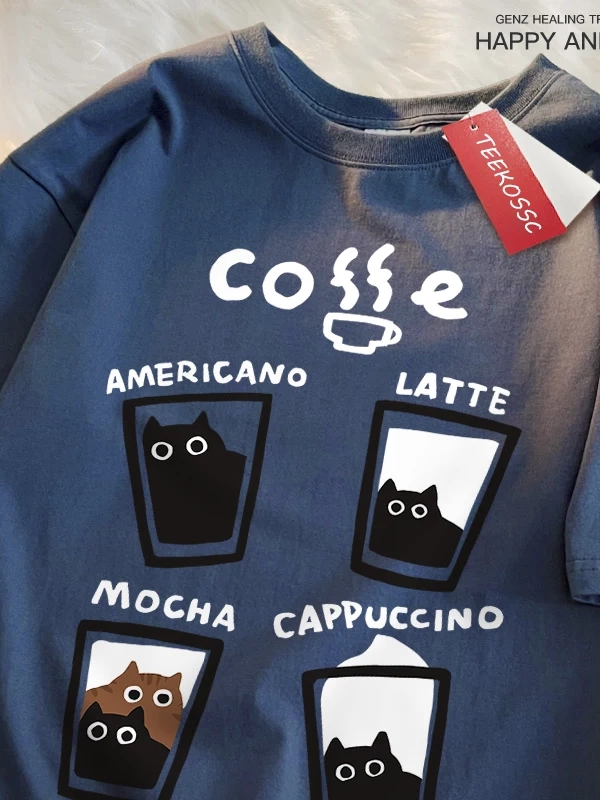 Y2k Vintage Tişört Tee Eğlenceli kahve kedi japon tarzı