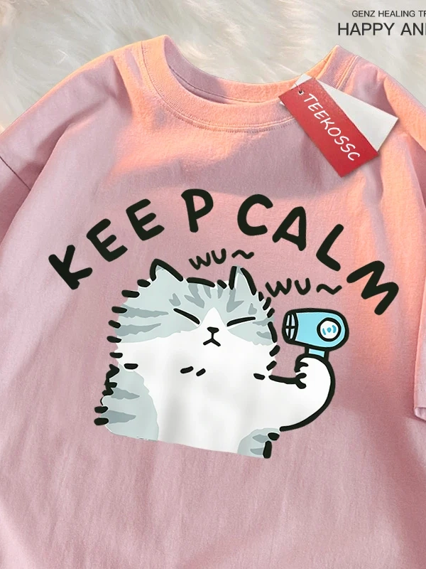 Y2k Vintage Tişört Tee Eğlenceli Kedi Saç Kurutma Makinesi Kullanarak Japon Tarzı