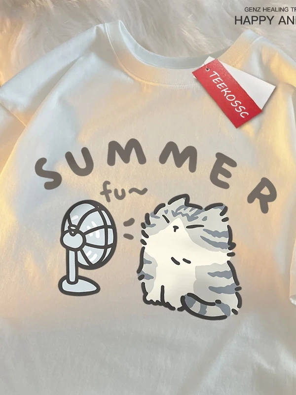 Y2k Vintage Tişört Tee Eğlenceli saç kurutma makinesi Fan kedi japon tarzı