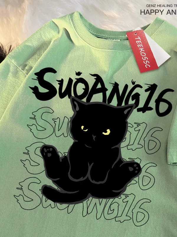 Y2k Vintage Tişört Tee Eğlenceli siyah kedi baskı japon tarzı