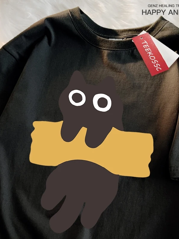 Y2k Vintage Tişört Tee Eğlenceli Yapışkan Bant Kedi Baskı Japon Tarzı
