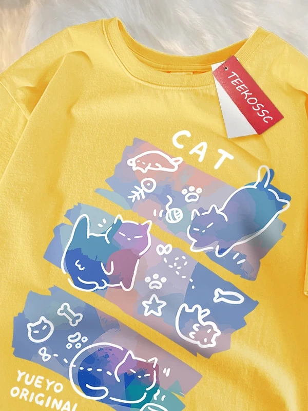 Y2k Vintage Tişört Tee Eğlenceli Yaramaz Kedi Baskı Japon Tarzı