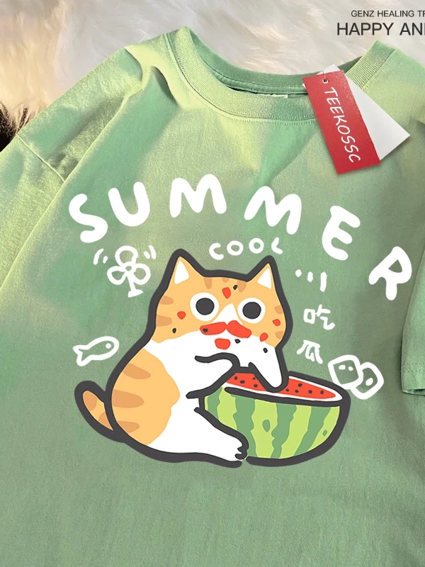 Y2k Vintage Tişört Tee Eğlenceli yeme karpuz kedi baskı