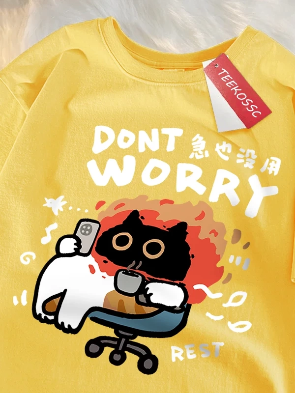 Y2k Vintage Tişört Tee Endişelenmeyin eğlenceli kedi baskı japon tarz