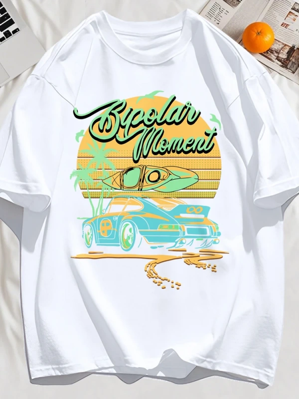 Y2k Vintage Tişört Tee Hindistan cevizi Ağacı Araba Yaratıcı Mektup Baskı