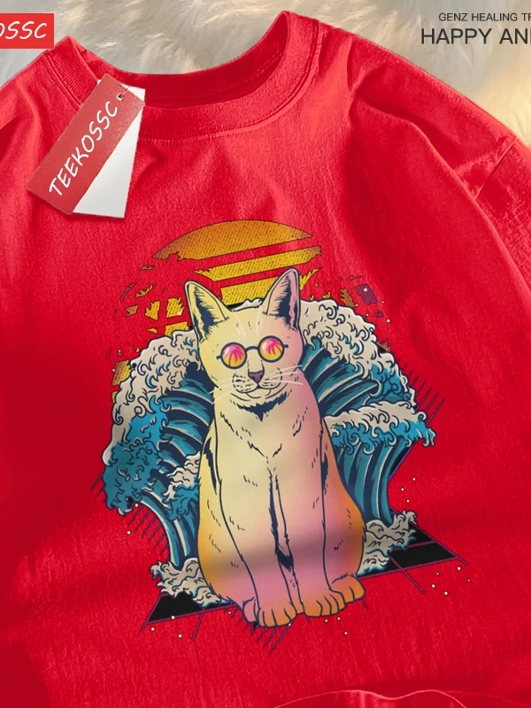 Y2k Vintage Tişört Tee Japon Harajuku dalga gözlük kedi