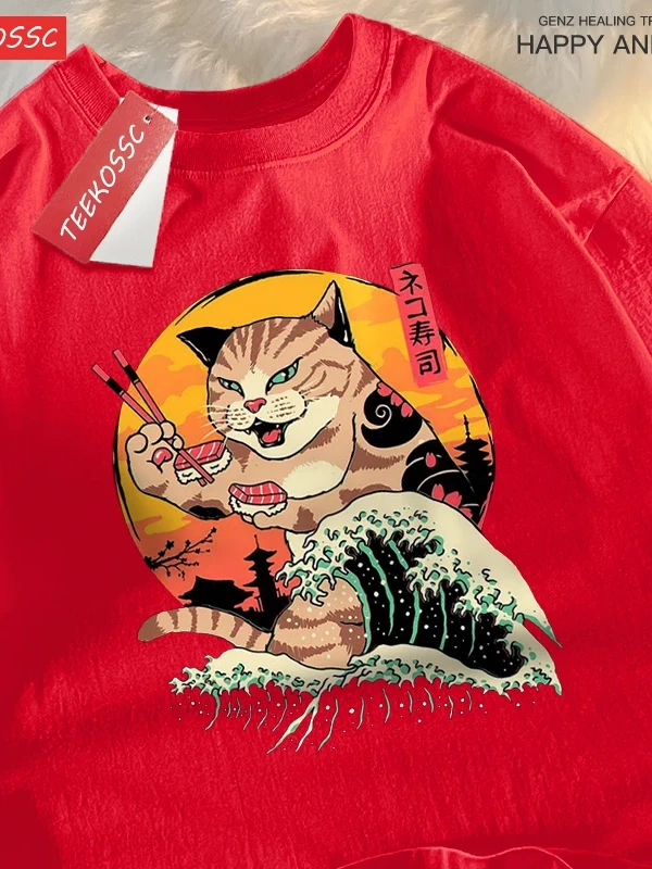 Y2k Vintage Tişört Tee Japon Harajuku dalga suşi kedi