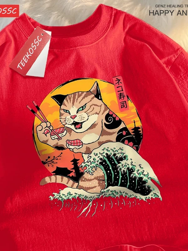 Y2k Vintage Tişört Tee Japon Harajuku dalga suşi kedi