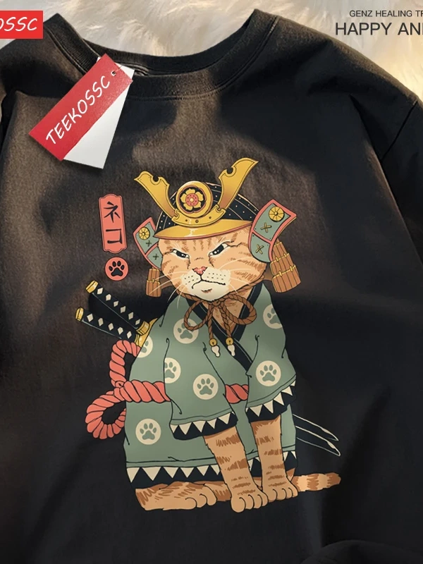 Y2k Vintage Tişört Tee Japon Harajuku hayalet kılıçlı kedi