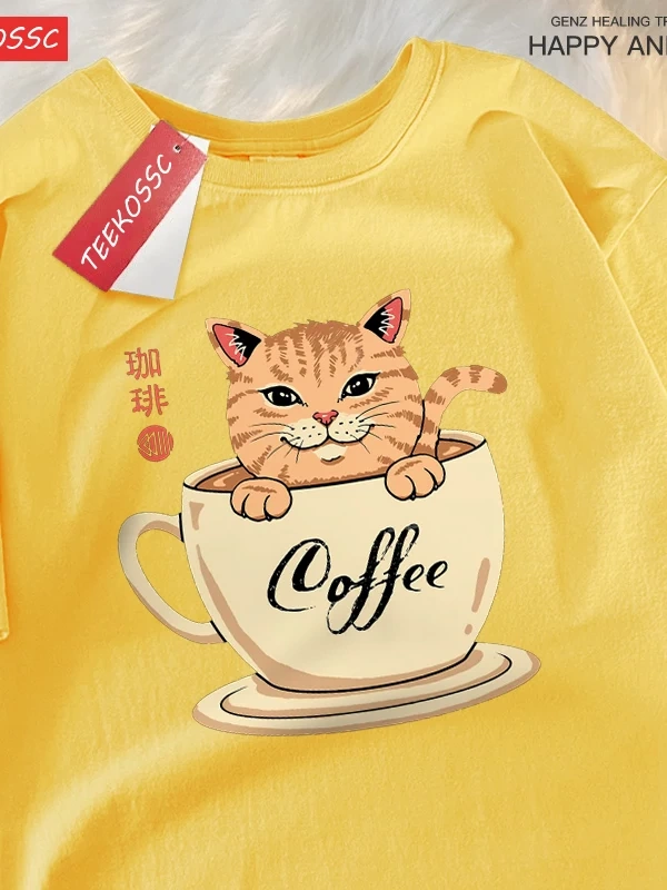 Y2k Vintage Tişört Tee Japon Harajuku kahve fincanı kedi baskı
