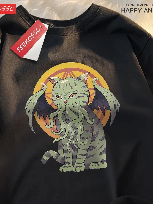Y2k Vintage Tişört Tee Japon Harajuku lanetlenmiş kedi bask