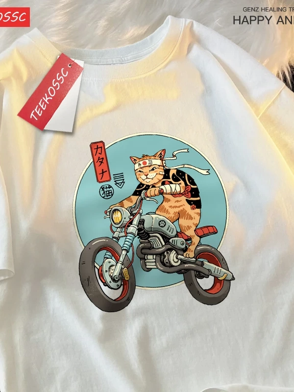 Y2k Vintage Tişört Tee Japon Harajuku motosiklet kedi