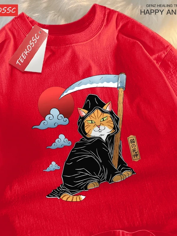 Y2k Vintage Tişört Tee Japon Harajuku ölüm Scythe kedi