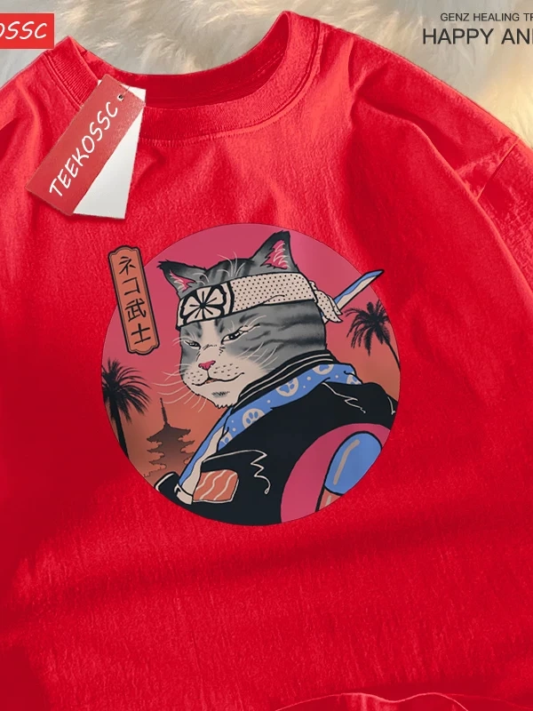 Y2k Vintage Tişört Tee Japon Harajuku samuray kılıcı kedi