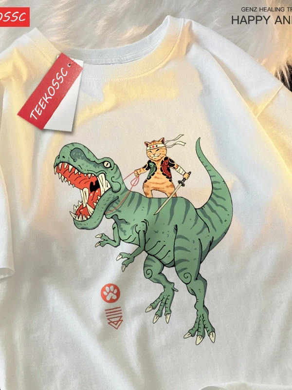 Y2k Vintage Tişört Tee Japon Harajuku sürme dinozor kedi