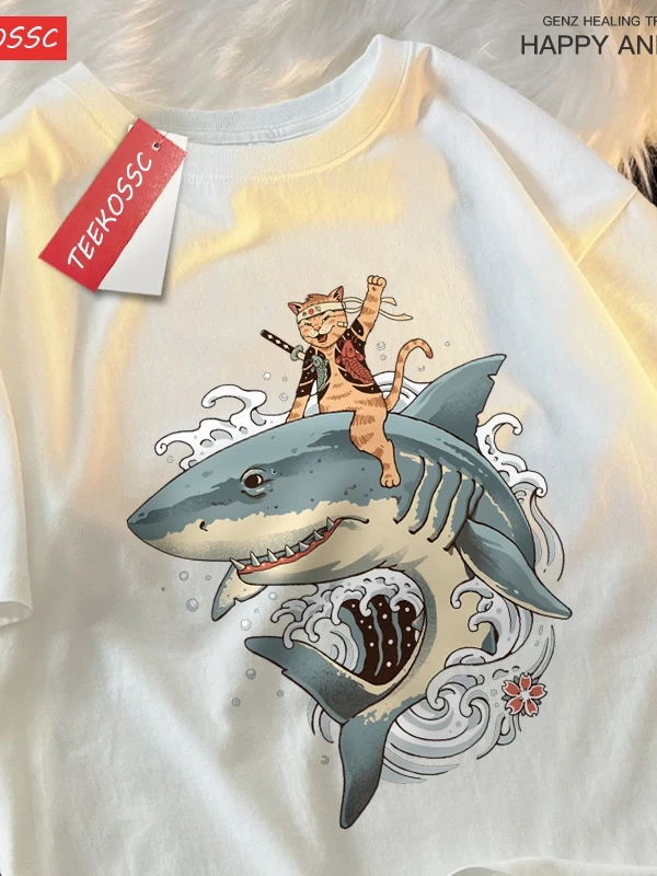 Y2k Vintage Tişört Tee Japon Harajuku sürme köpekbalığı kedi
