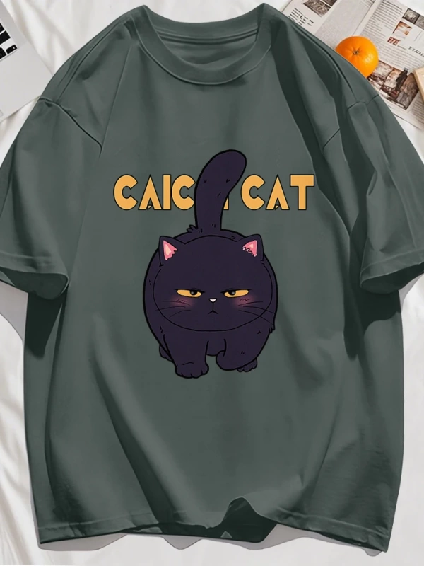Y2k Vintage Tişört Tee Siyah Tombul Küçük Kedi Tasarım