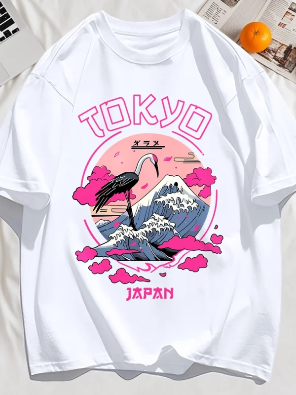 Y2k Vintage Tişört Tee Tokyo Japonya Harajuku Vinç Desen