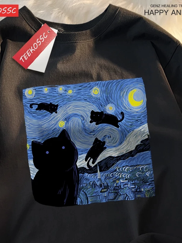 Y2k Vintage Tişört Tee Yağlıboya yıldızlı kedi gece