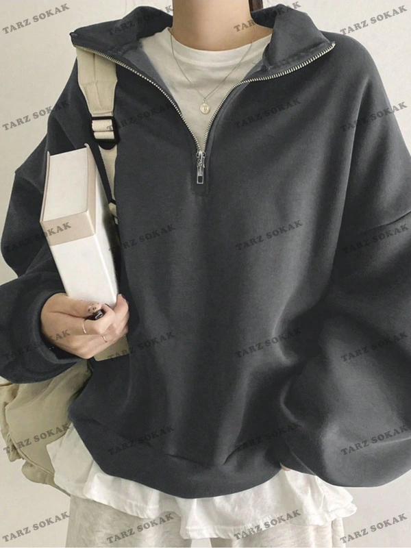 Y2K Yarım Fermuarlı Bay Sweatshirt Gri