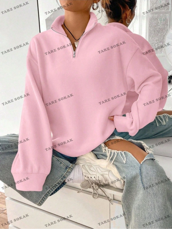 Y2K Yarım Fermuarlı Bay Sweatshirt Pembe