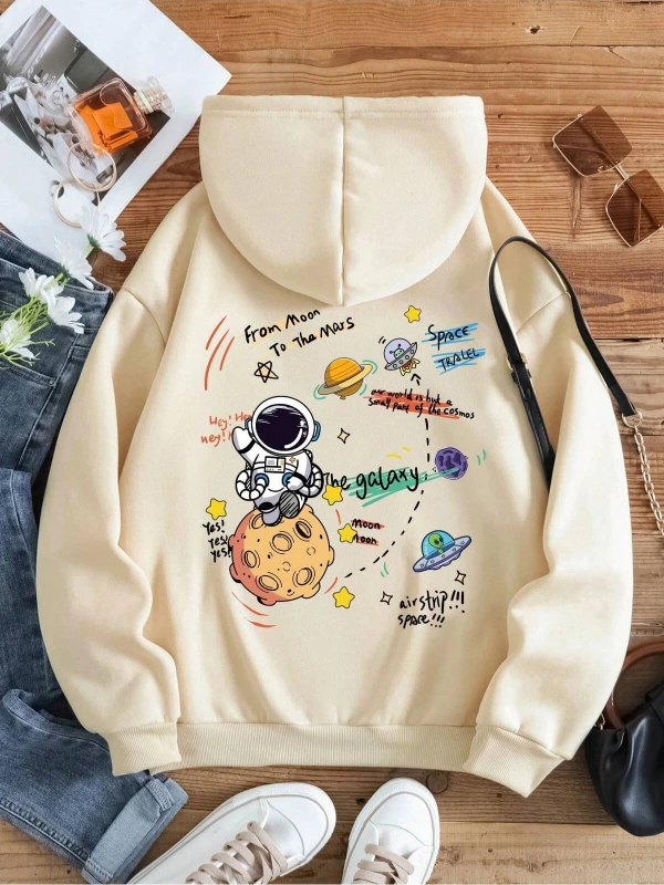 Yasolin----Galaxy Özel Baskılı Oversize Kapüşonlu Sweatshirt Bej