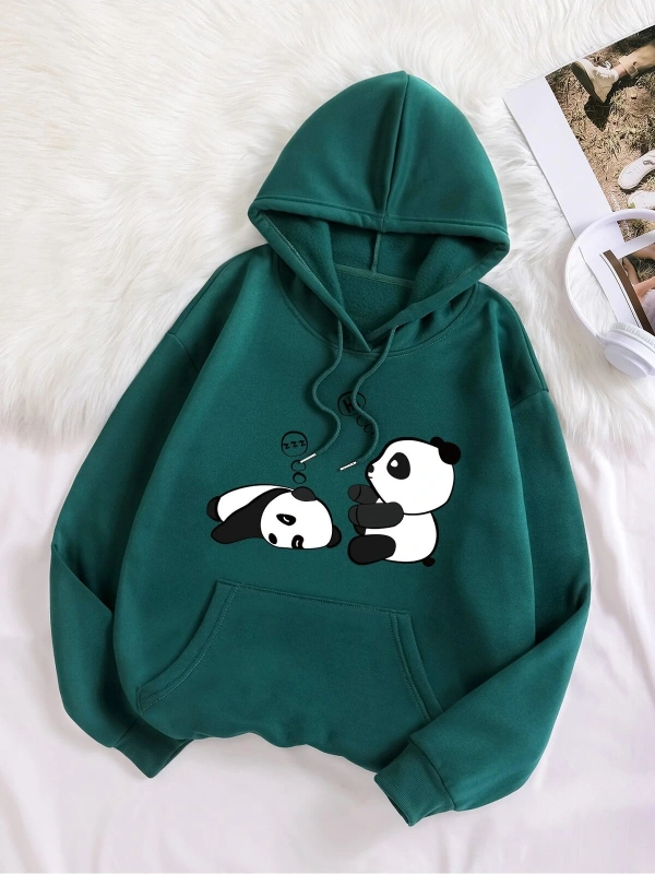 Yasolin----Haki PANDA Özel Baskılı Oversize Kapüşonlu Sweatshirt Haki