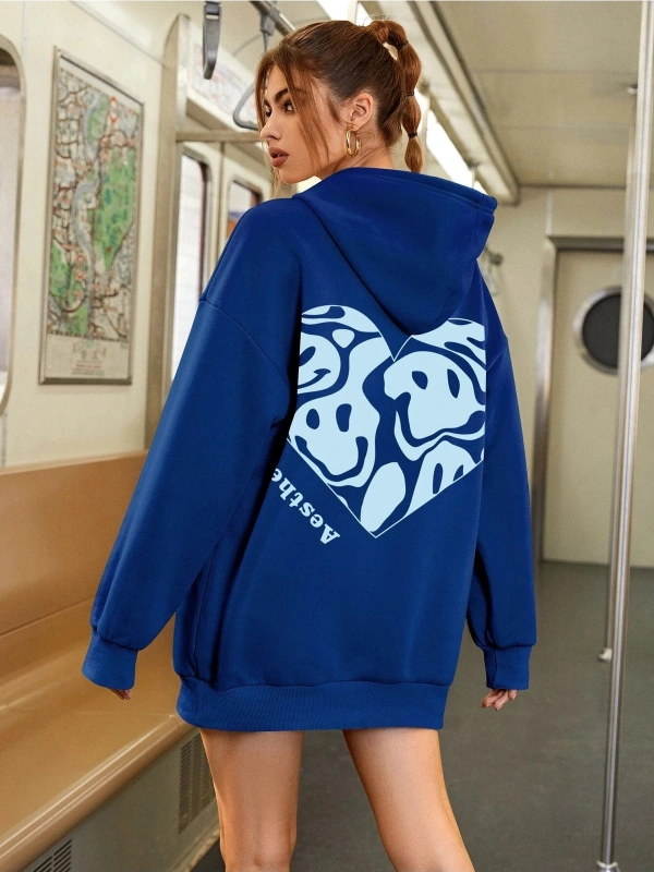 Yasolin----Kadın Aestheticism Baskılı Kapüşonlu Sweatshirt MAVİRENK