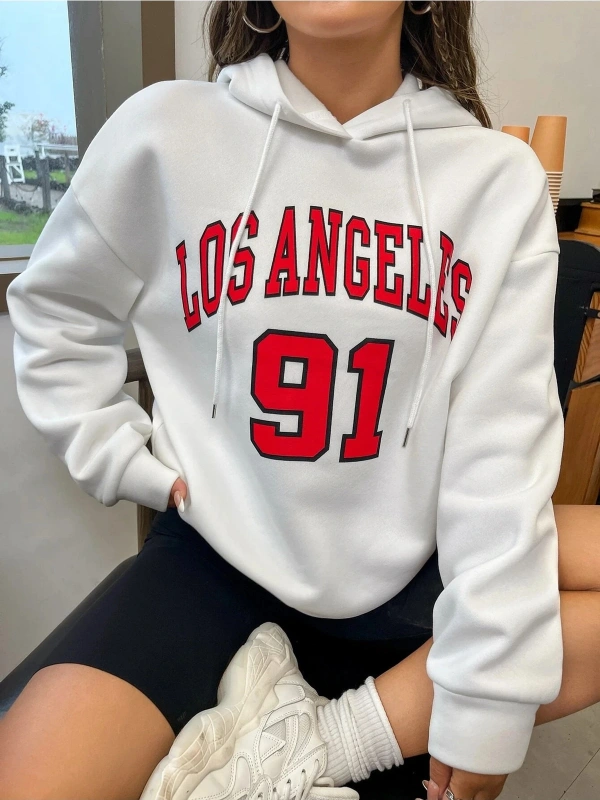 Yasolin----Kadın Beyaz Los Angeles 91 Baskılı Kapüşonlu Sweatshirt
