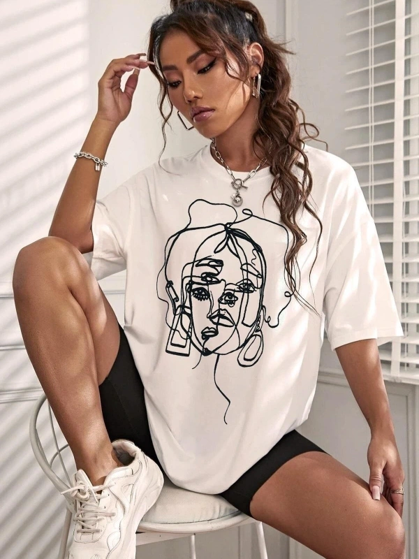 Yasolin----Kadın Beyaz Yüz Baskı Detaylı Oversize T-shirt