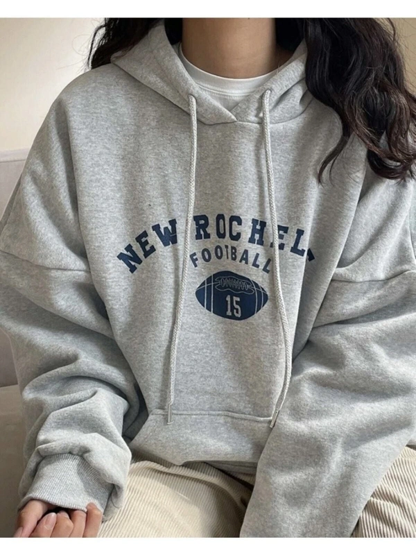 Yasolin----Kadın Gri New Rochelle Baskılı Kapüşonlu Oversize Sweatshirt